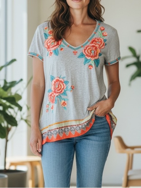 Johnny Was Tops - Johnny Was Gray V-Neck Tee with Orange Floral Embroidery